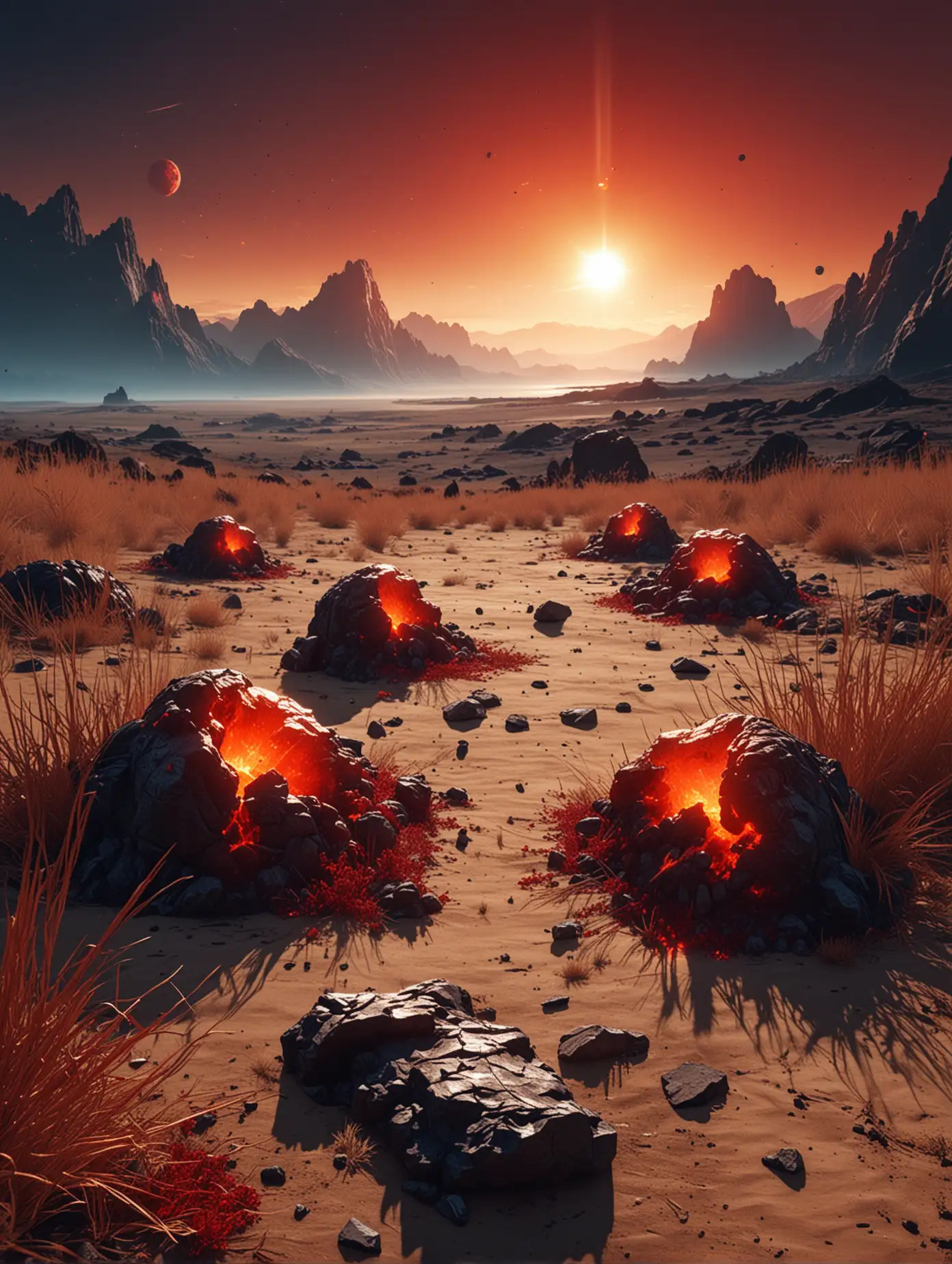 Asteroid blue falling to a coast, dry grass mountains in the background, red sunlight. On the ground there are three commands, 4 soldiers, 2 of them dead on the ground and the 2 dying from shots.n