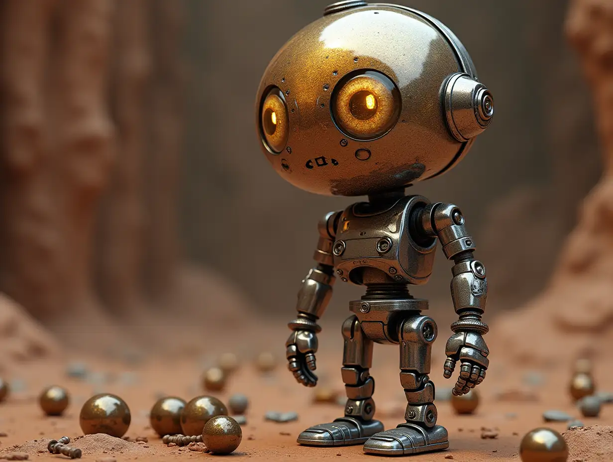 Create a high-resolution, realistic image of the artificial intelligence Robert, three meters tall, with eyes, arms and legs, with gears on the cheeks and glass head with visible gold brain, screws with many glass balls on the floor, Mars 4k resolution with   