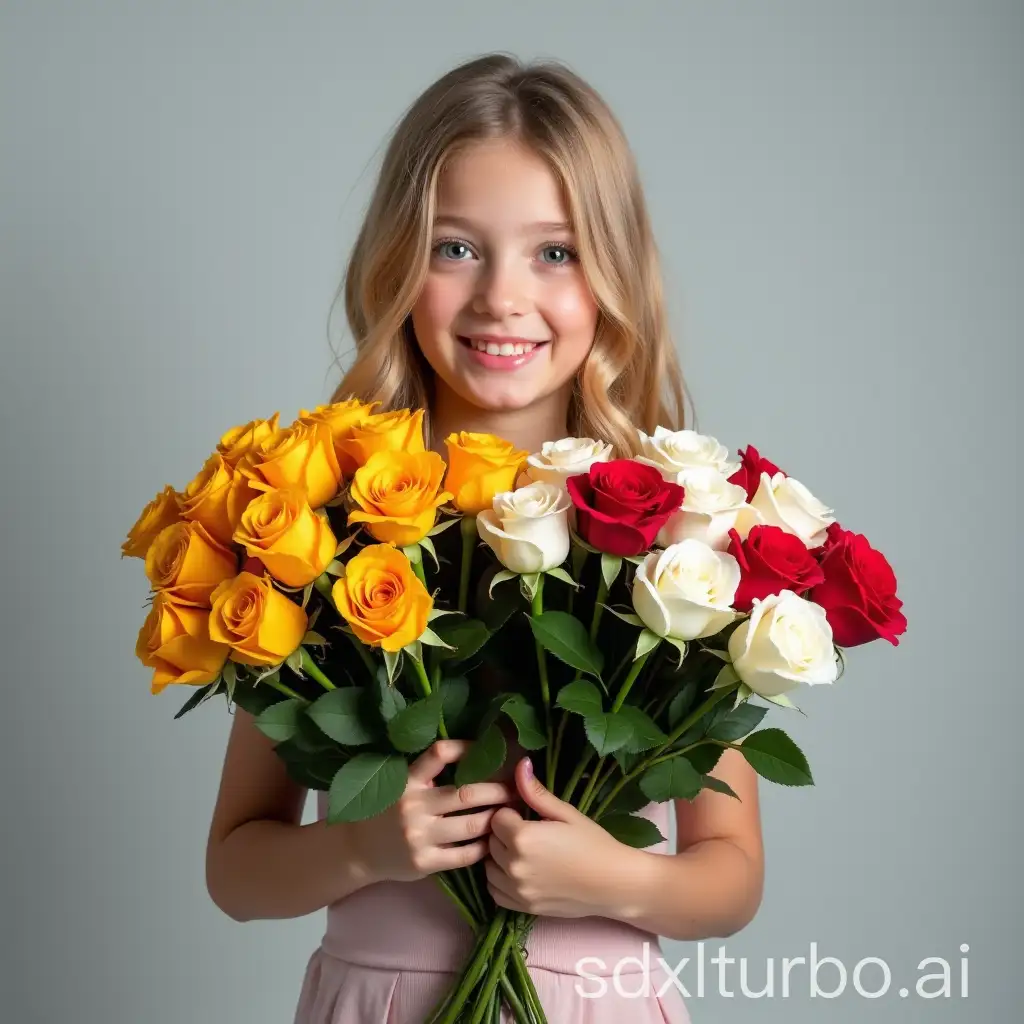 a beautiful girl with fair hair on a gray background with two bouquets of roses in her hands. In one hand a bouquet of 25 yellow and red roses, and in the other white and red