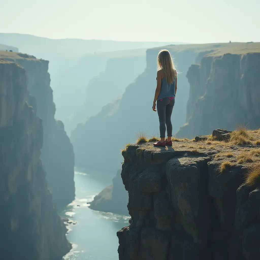 girl is standing on the edge of a cliff