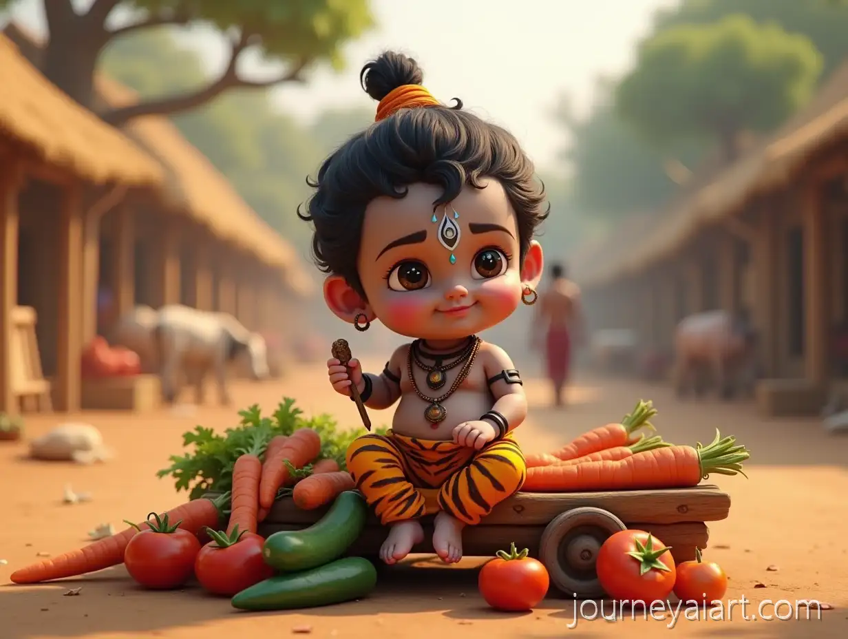 Cute-Baby-Lord-Shiva-Sitting-on-Wooden-Vegetable-Cart-Surrounded-by-Fresh-Produce-in-Indian-Village