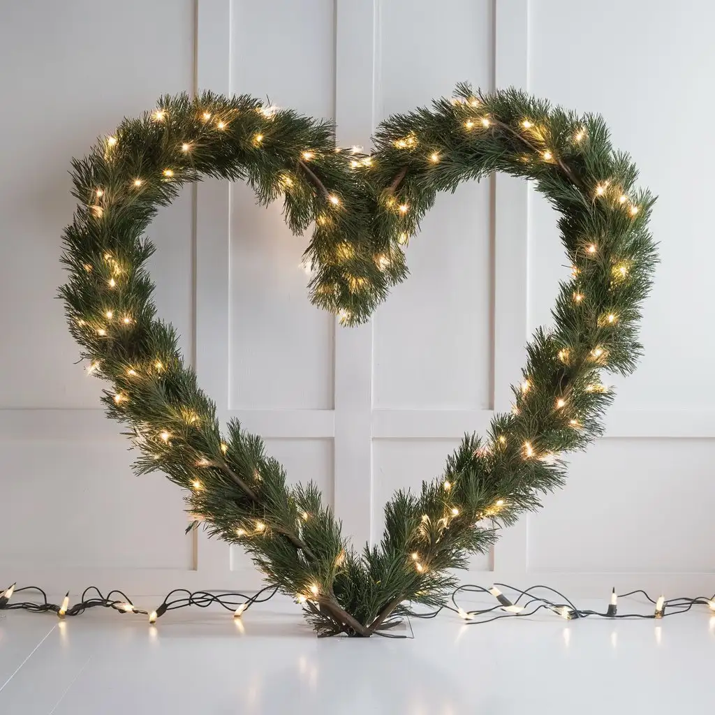 HeartShaped Green Branches with White Christmas Lights on White Background