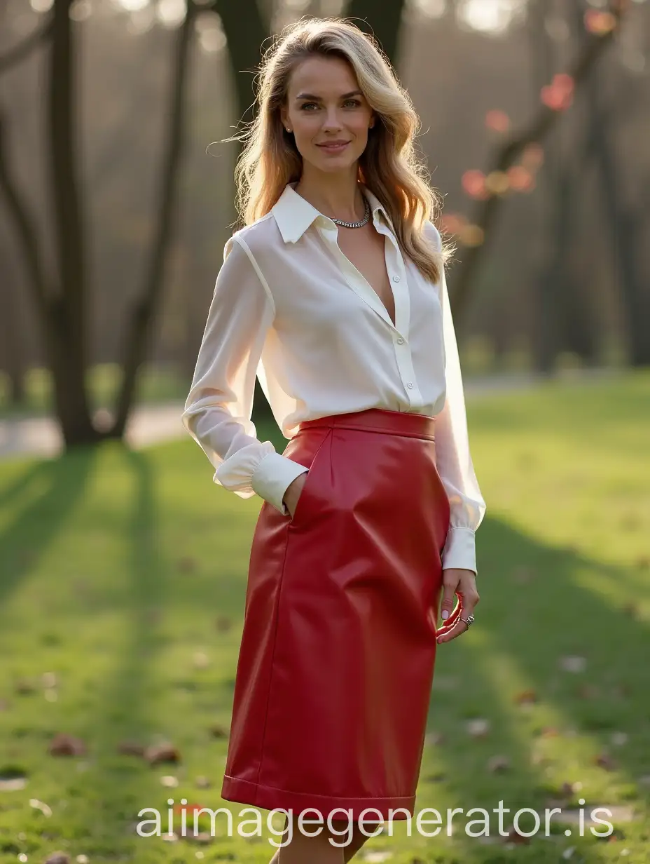 Nina-Hoss-in-Red-Leather-Skirt-and-White-Sheer-BlAI-Image-Prompt-Expansionouse-Standing-in-Spring-Park