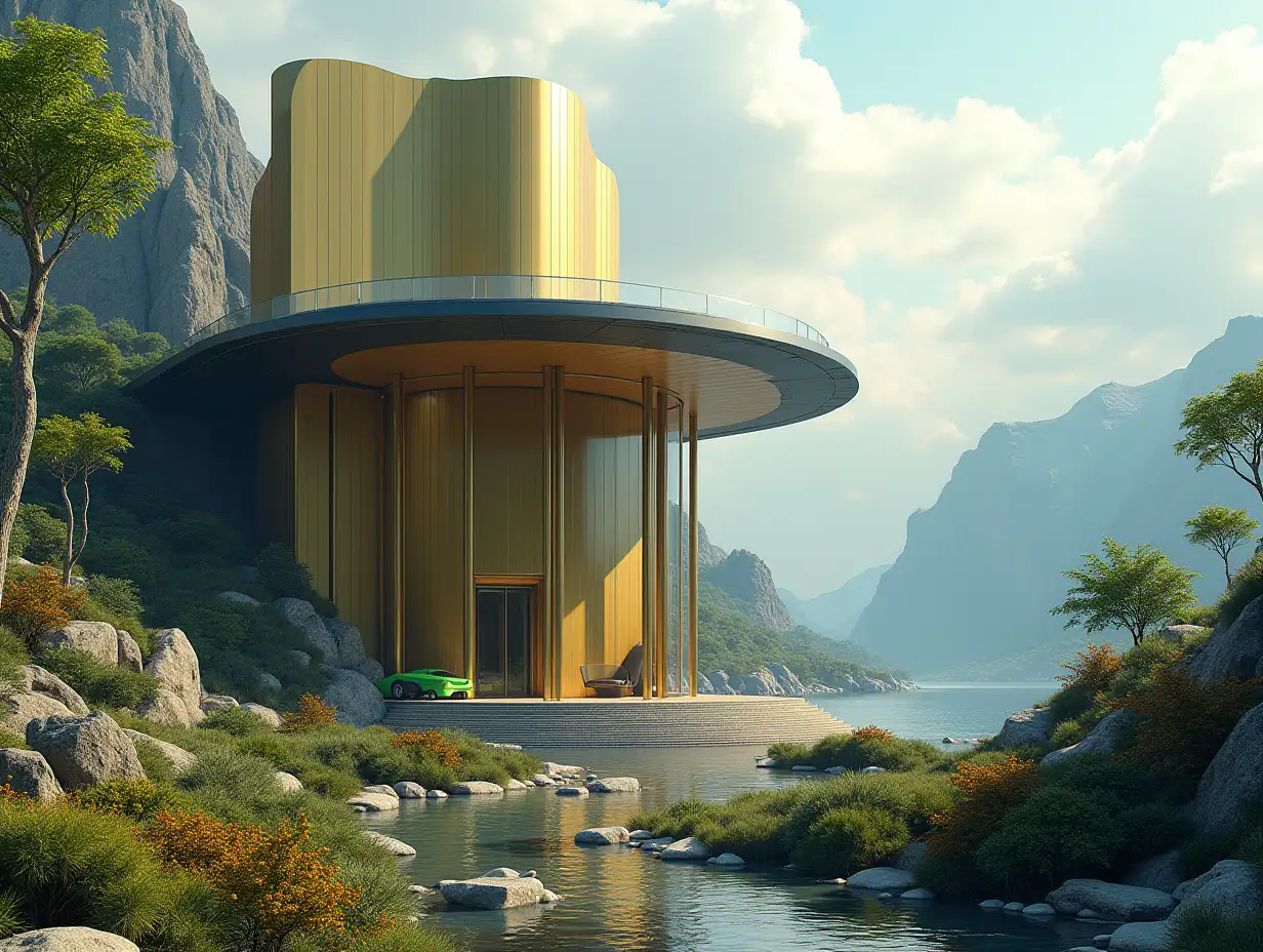 Create a high-resolution realistic image in 4k resolution a futuristic gold with black building with curved pillars, mountains large trees, rocks flowers a futuristic green vehicle with glass window cloudy sky