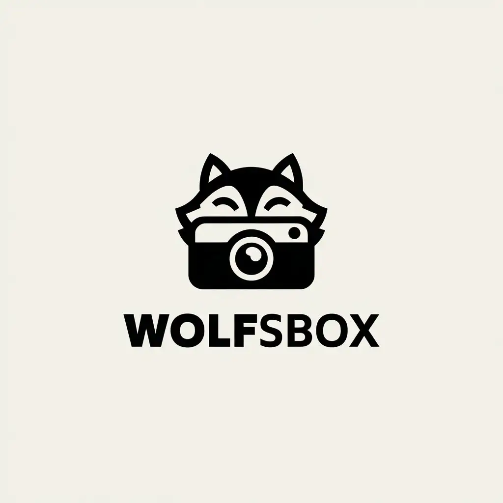 LOGO Design for WOLFSBOX Minimalistic Laughing Wolf with Camera for Animal and Pet Industry