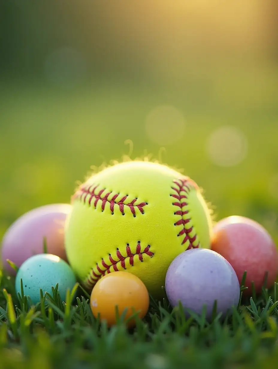 An Easter-themed softball picture with kulichs, colored eggs.