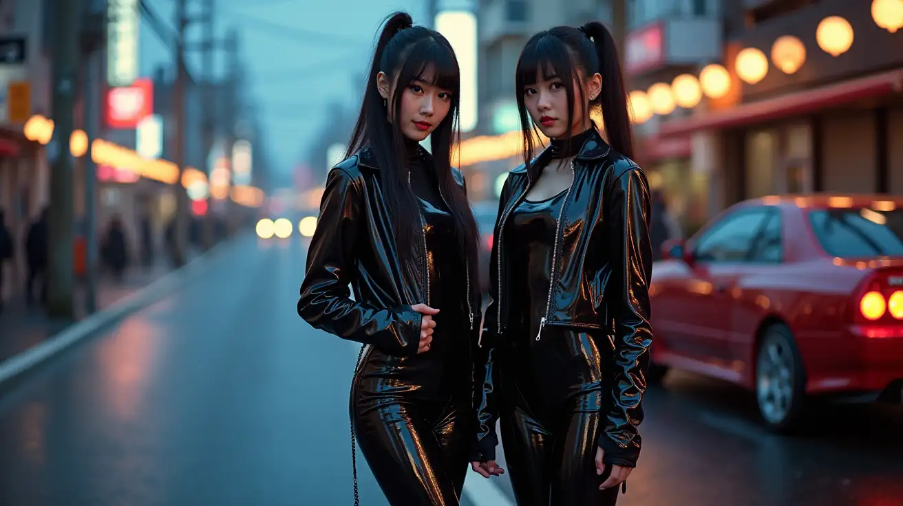 Two-Asian-Punk-Women-in-Shiny-PVC-Outfits-on-Japanese-Street-at-Dusk-with-Nissan-R32