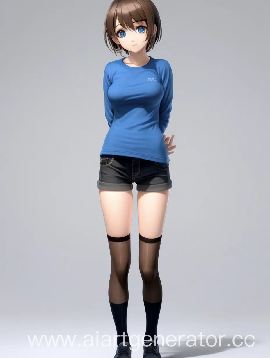 Anime-Style-Girl-in-Blue-TShirt-and-Black-Stockings-on-White-Background