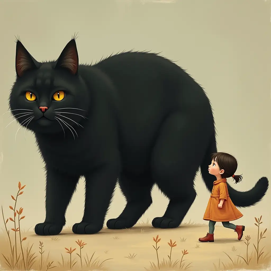 A little girl is walking forward with a giant black cat