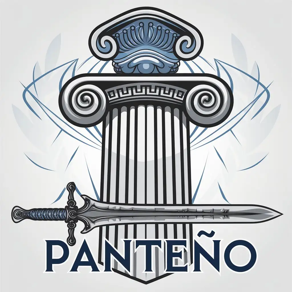 LOGO Design for Panteo Black and Blue with Greek Columns and Divine Weapon Theme