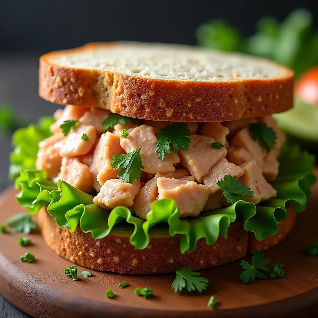 create a photorealistic image for food commercial photography that is of thisn1 tuna sandwich:ntuna is added with onion, cilantro and a spoonful of mayonnaisenchopped lettucen2 slices of whole grain bread