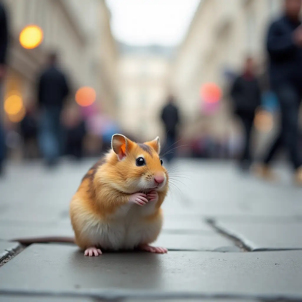 A little hamster sits on pavement on street in city of London