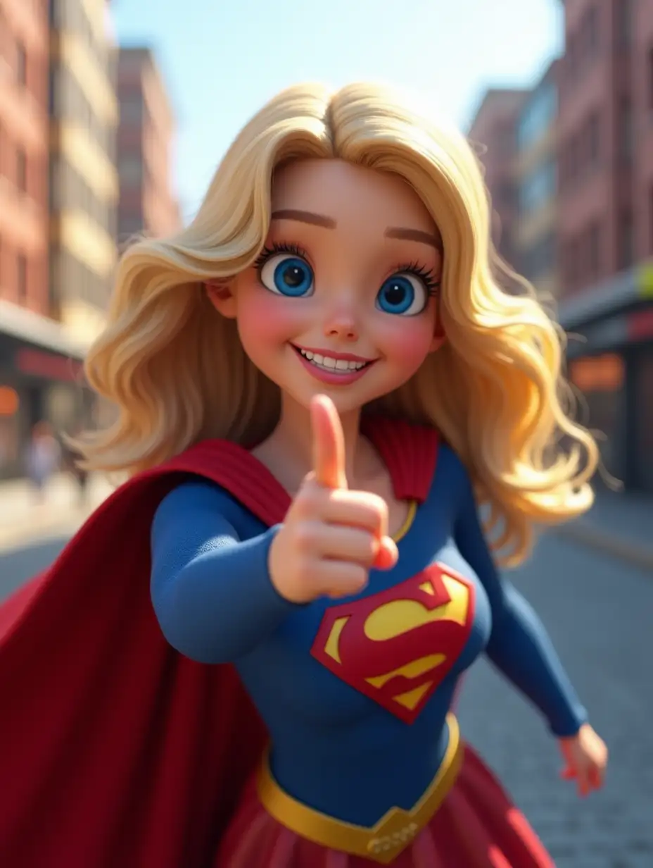 A highly detailed, ultra-realistic 3D render of Supergirl in 4K resolution. She has bright blue eyes, flowing golden hair, and wears a vibrant blue suit with the red and yellow 'S' emblem on her chest. A red cape flows behind her, and she stands confidently in a lively city street with a modern, photorealistic background. Her expression is joyful and full of energy, with a friendly smile as she points forward. The image has cinematic lighting, ultra-detailed textures, and a realistic depth of field to make the scene immersive and dynamic