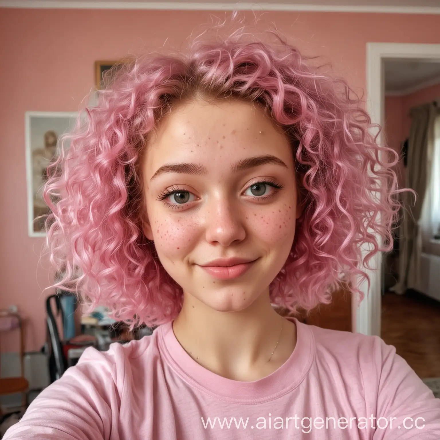 Selfie-of-an-18YearOld-Student-with-Curly-Hair-and-Pink-Highlights-in-a-Russian-Room