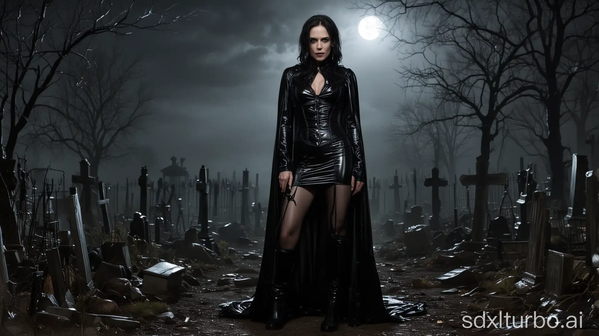 realistic photo , Annabeth Gish standing , wearing black shinny pvc long dress , shinny pvc corset , shinny pvc cape , shinny pvc hood , wearing shinny pvc thigh high boots , in horror gothic graveyard at night with lightnings and zombies