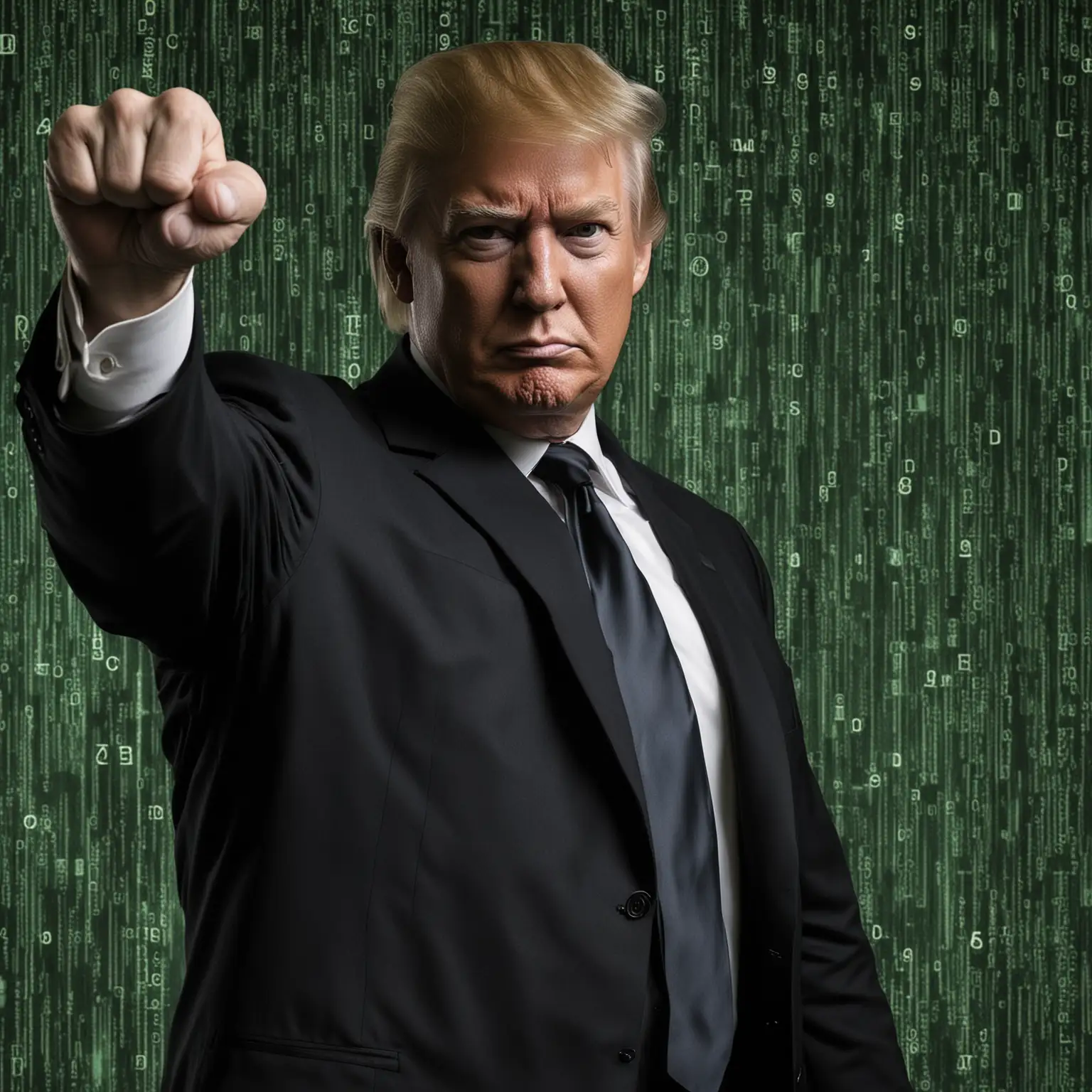 Donald J Trump Neo with Raised Fist in Matrix Code Background