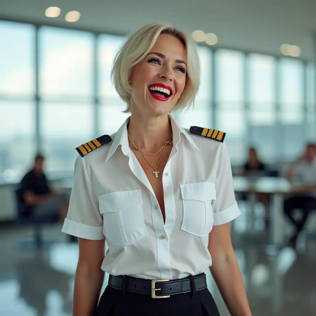 white norvegian pilot lady, in white deep-necked pilot shirt, laughing with her mouth open, red lipstick accentuating her smile,belt on waist, big wide hips, chest are fully grown, jewerly, short hair, HD, enjoing at airport , photo-realism