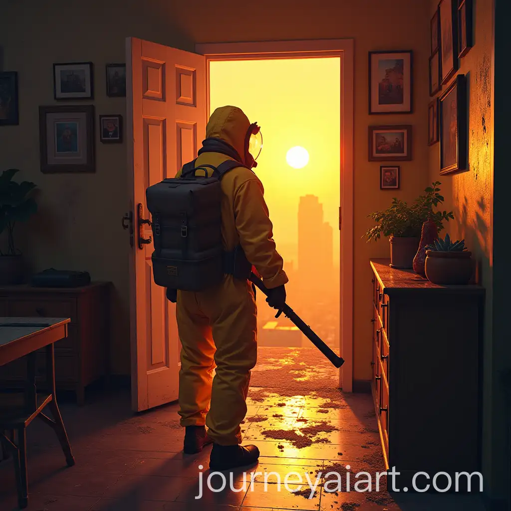 Hazmat-Suit-Player-Holding-Explosives-in-Front-of-a-Broken-House-at-Sunset