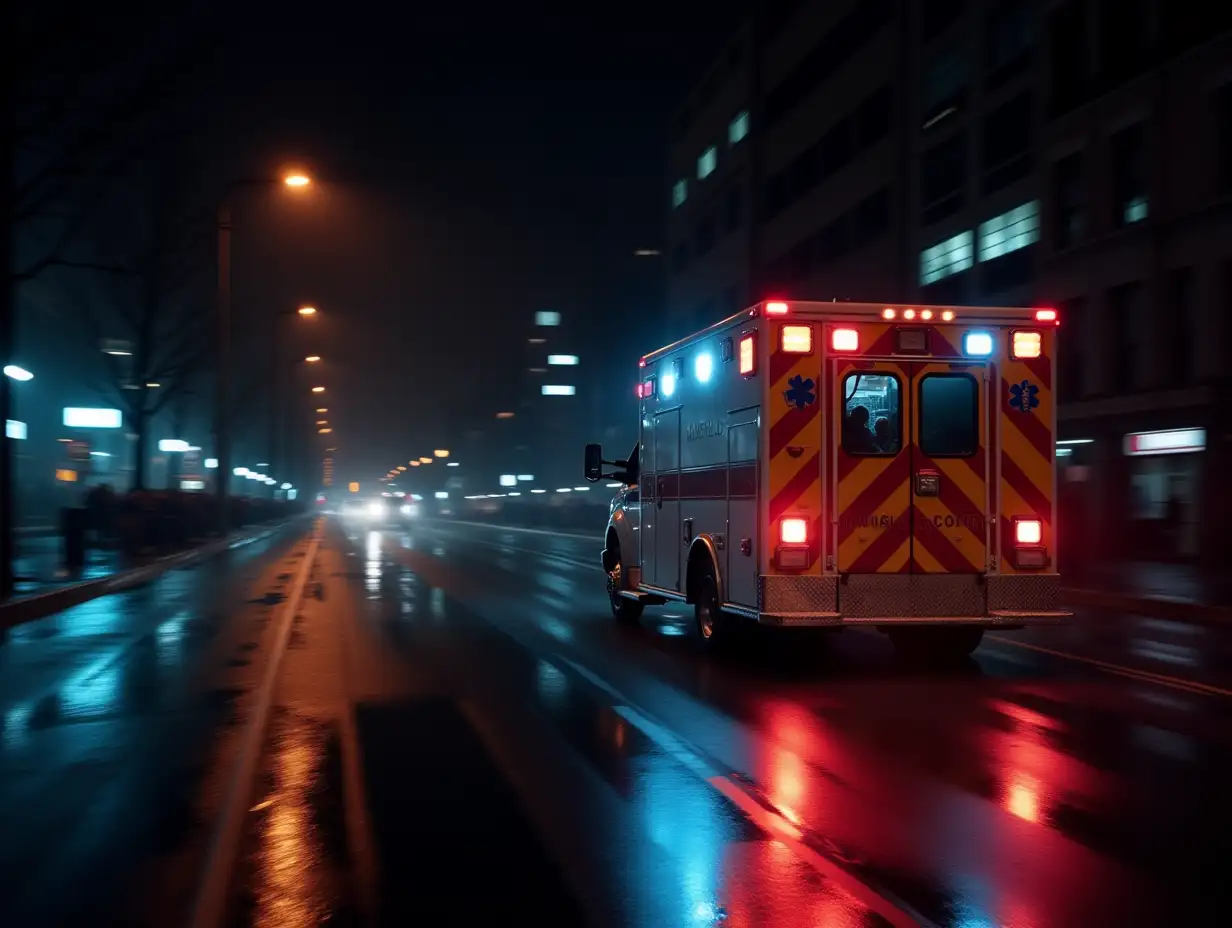 An ambulance speeds down a rainy city street at night, its bright lights cutting through the darkness, reflecting off wet pavement as it responds rapidly to an emergency