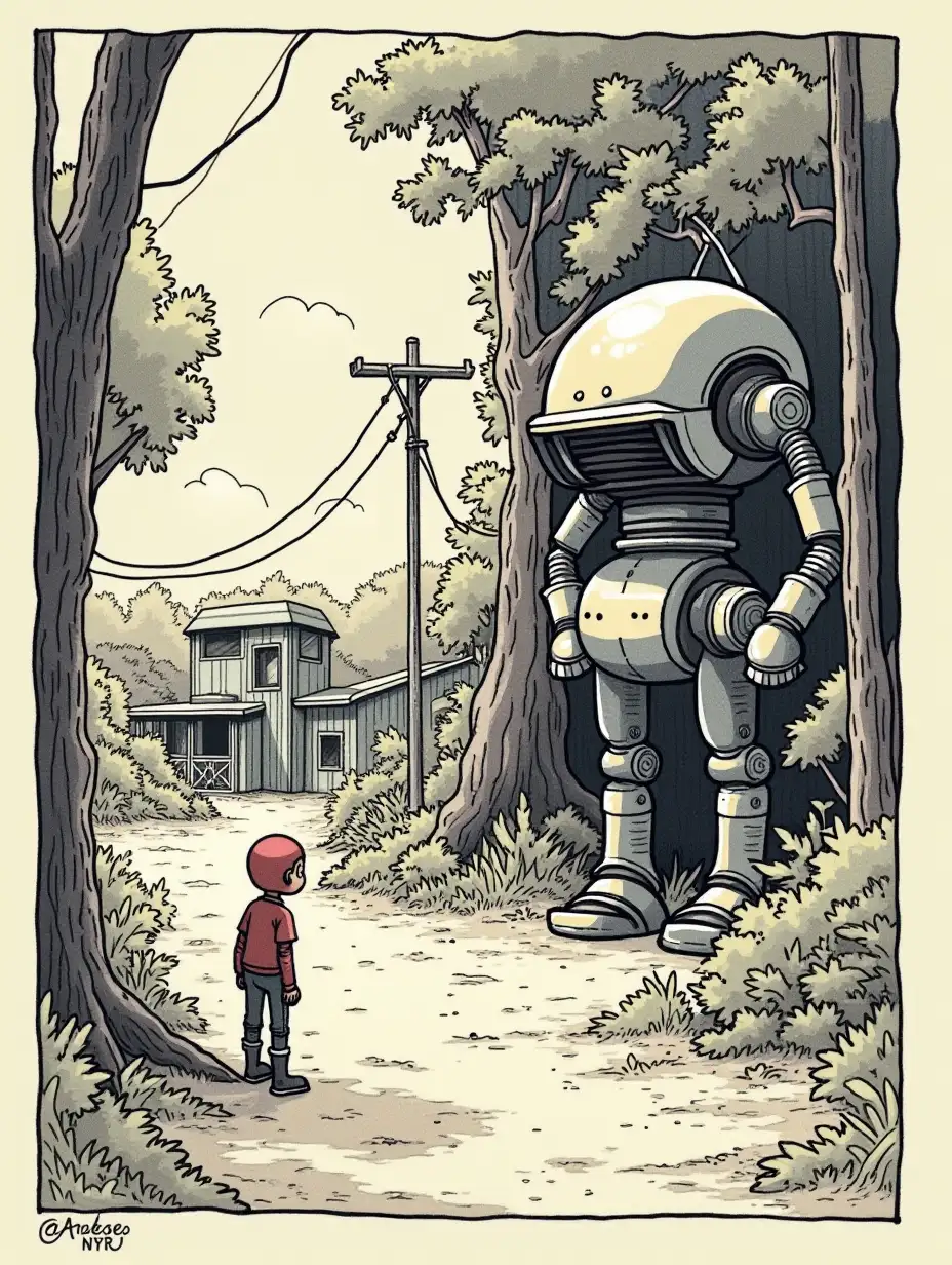 In the style of woodblock prints, draw an image that includes sci-fi elements. The content can include kids, outdoors, buildings and strangely shaped robots. You can refer to the art style of Tales from the Loop.