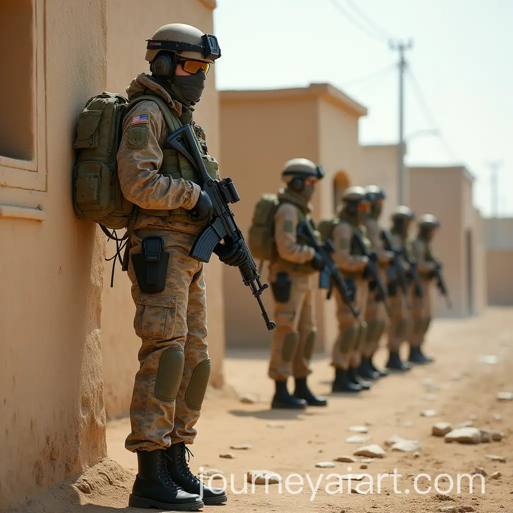 Russian-Female-Military-Officer-and-Soldiers-Engaged-in-Combat-in-Desert-Village