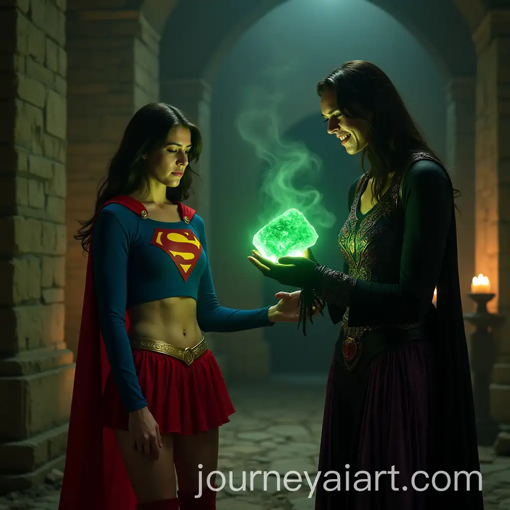 Supergirl-Vulnerable-in-Dimly-Lit-Ancient-Chamber-Facing-Mysterious-Sorceress-with-Kryptonite