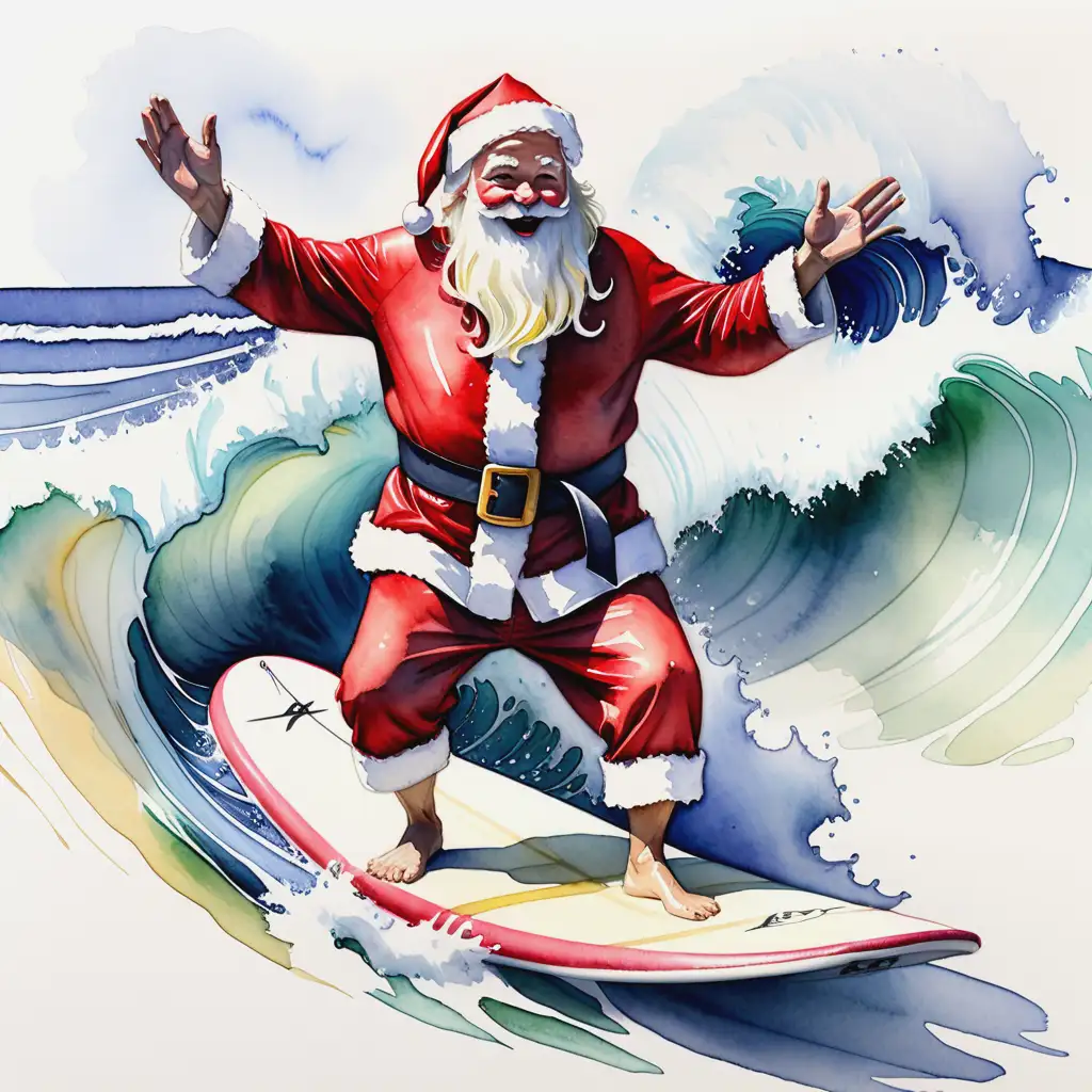 Santa Surfing a Wave on a Surfboard in Watercolor