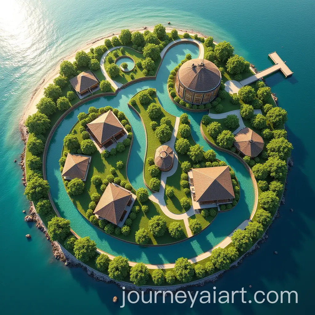 Aerial-View-of-a-Garden-with-Artificial-Rivers-Huts-and-Scenic-Beachside-Architecture