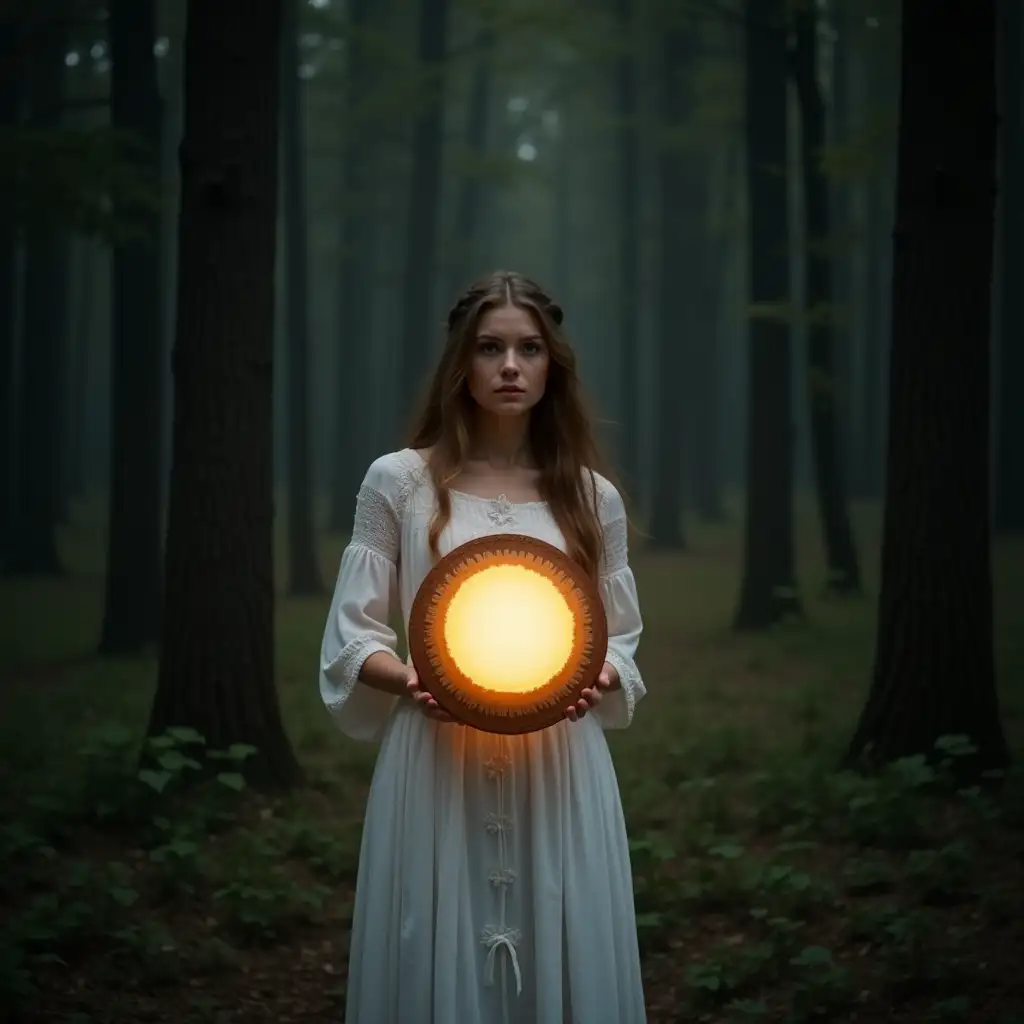 A beautiful young woman in a white Slavic dress. She stands in the middle of a dark forest. She covered herself with a glowing round shield.