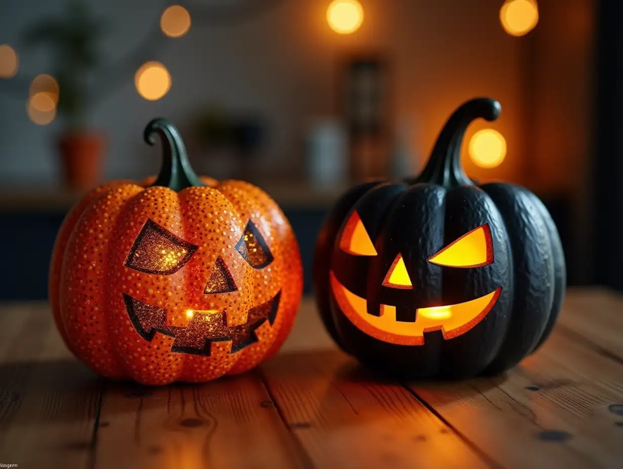 Glittering-Halloween-Pumpkin-Decorations-on-Wooden-Table