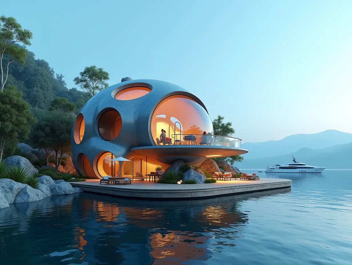 A futuristic multi-story house made of many holen lit glass balls and wood lies on the water,many plants and trees, blue sky, bright environment, mountains,clear water and a yacht in the background, colorful 8k quality