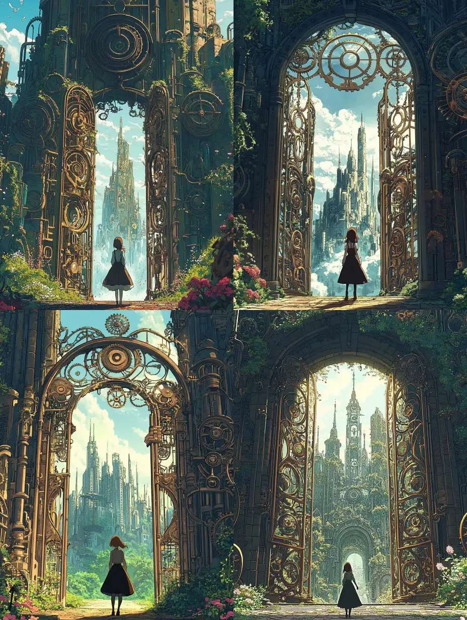 Female-Traveler-Standing-Before-Ornate-Steampunk-Gates-to-Mechanical-Menagerie-City