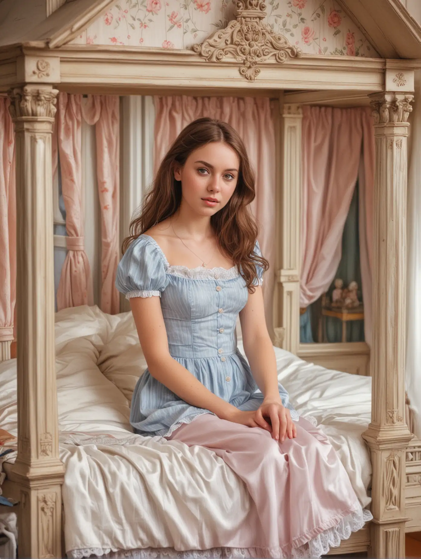 a close up coloured pencil sketch of a pretty, gorgeous, petite scale, perfect features, aged 23 woman sitting inside a life scale dolls house on a dolls double bed, colossal scale dolls bedroom, reddit, interactive art, dolls bedroom furnishings, dolls house windows and doors,full body pov, 