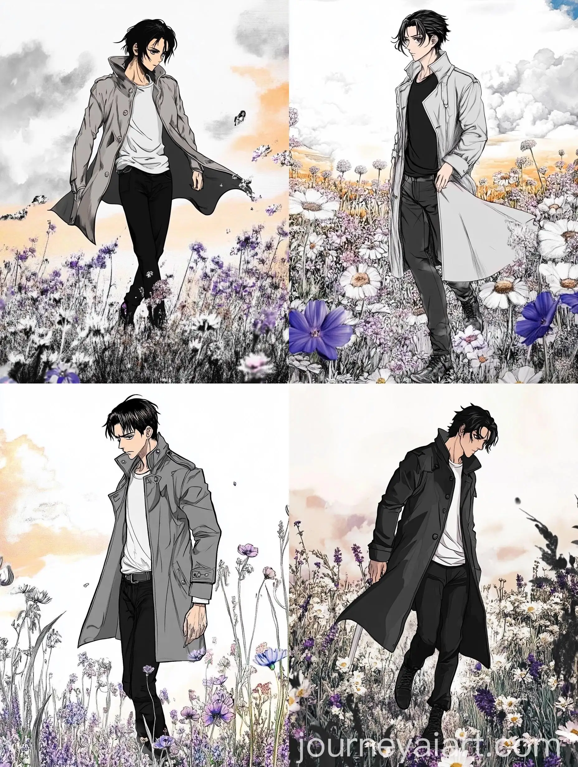 Man-in-Trench-Coat-Walking-Through-Flower-Field