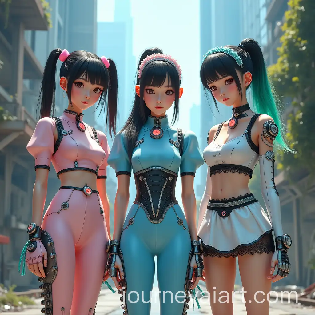 Three-Asian-MaidAI-Image-Expansion-Girls-in-Futuristic-PostApocalyptic-Cityscape