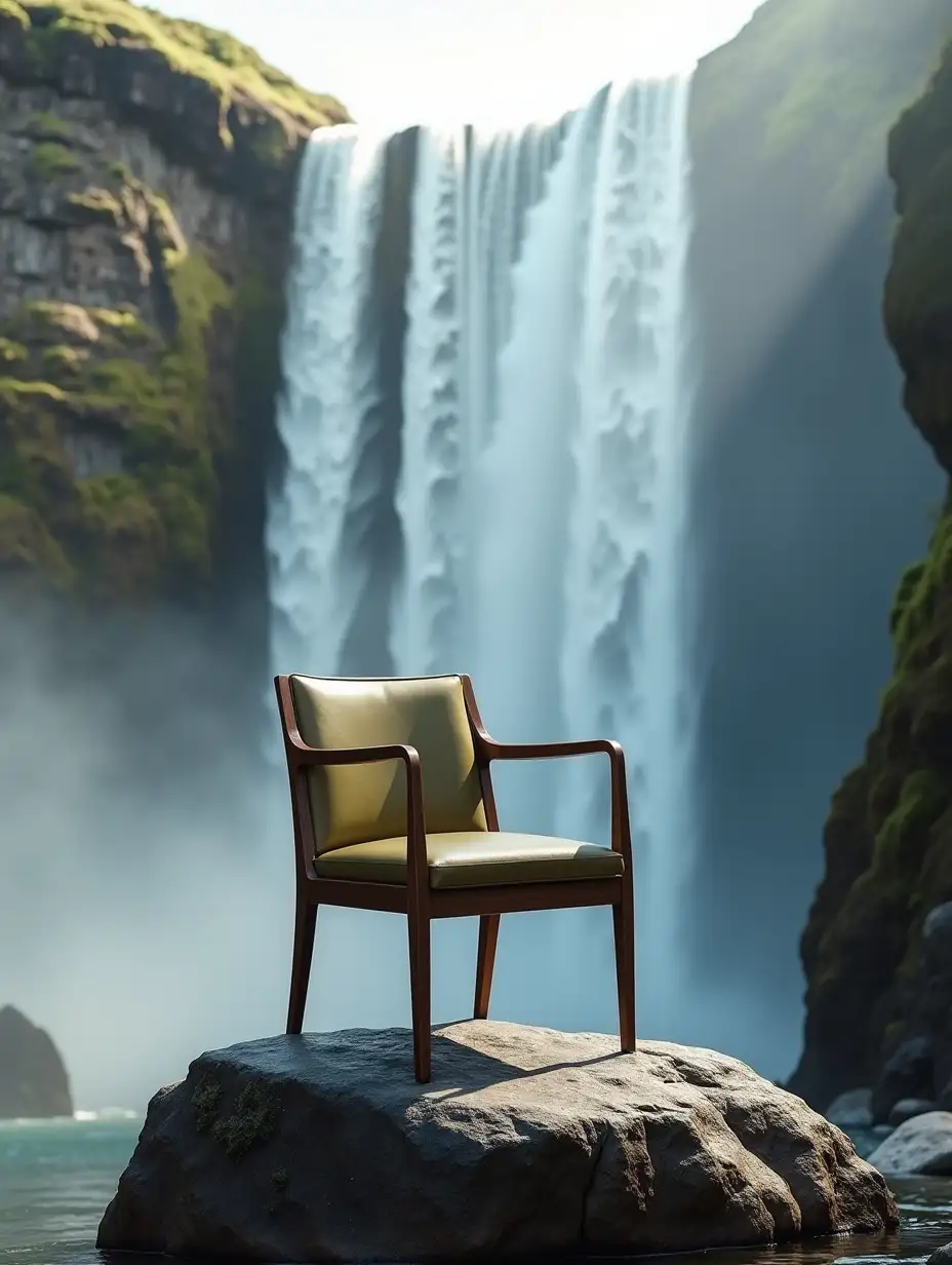 HighEnd-Retro-Dining-Chair-on-a-Massive-Rock-Formation-with-Waterfall-Background