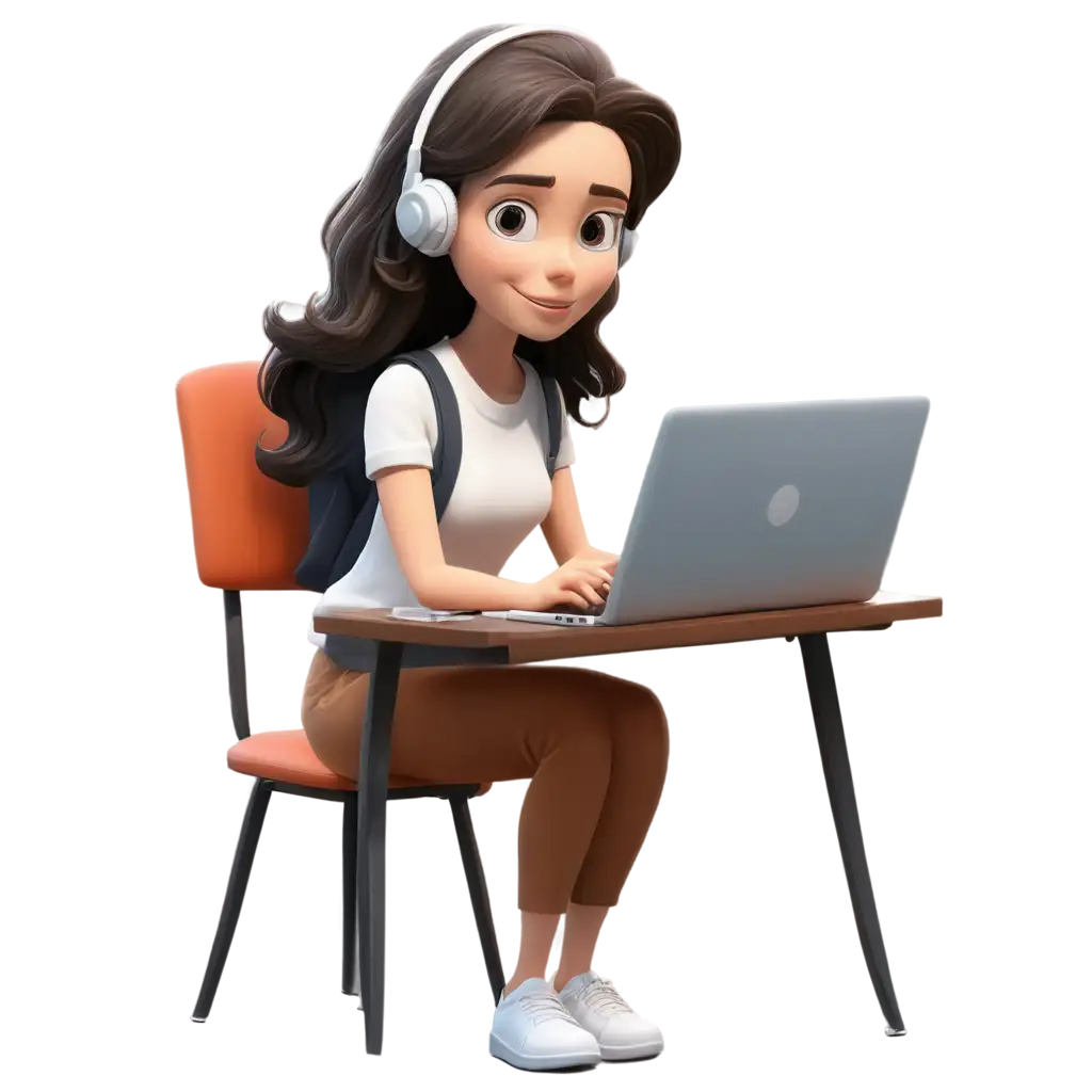 A cartoon woman who is studying computer