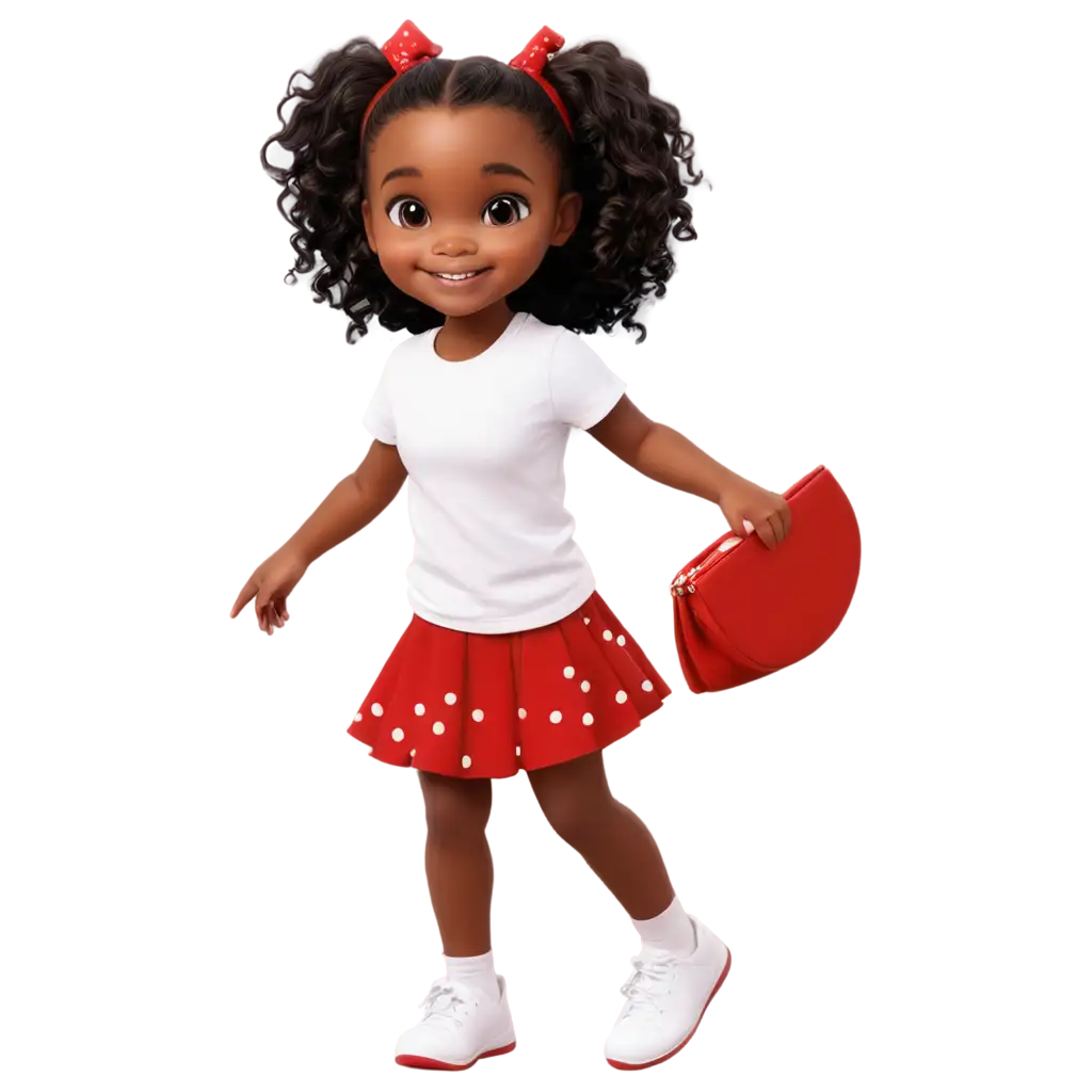 Cartoon-PNG-Image-of-a-Little-Black-Girl-Smiling-with-Pigtails-White-TShirt-Red-Skirt-and-Polka-Dot-Shoes