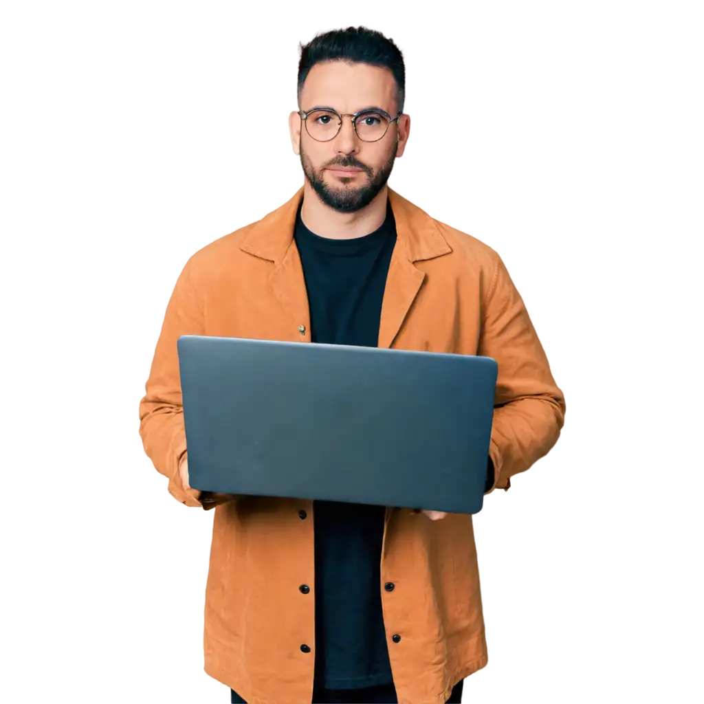 a man showing courage, looking into the distance and with an optimistic look. This man is a successful music producer and holds a laptop in his hands