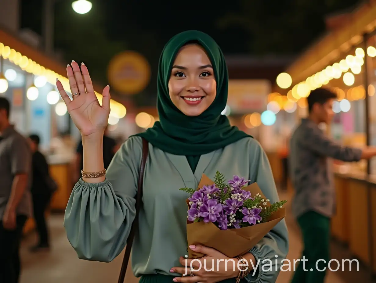 Indonesian-Woman-in-Green-Hijab-at-a-Vibrant-Night-Market-with-Bouquet-of-Flowers