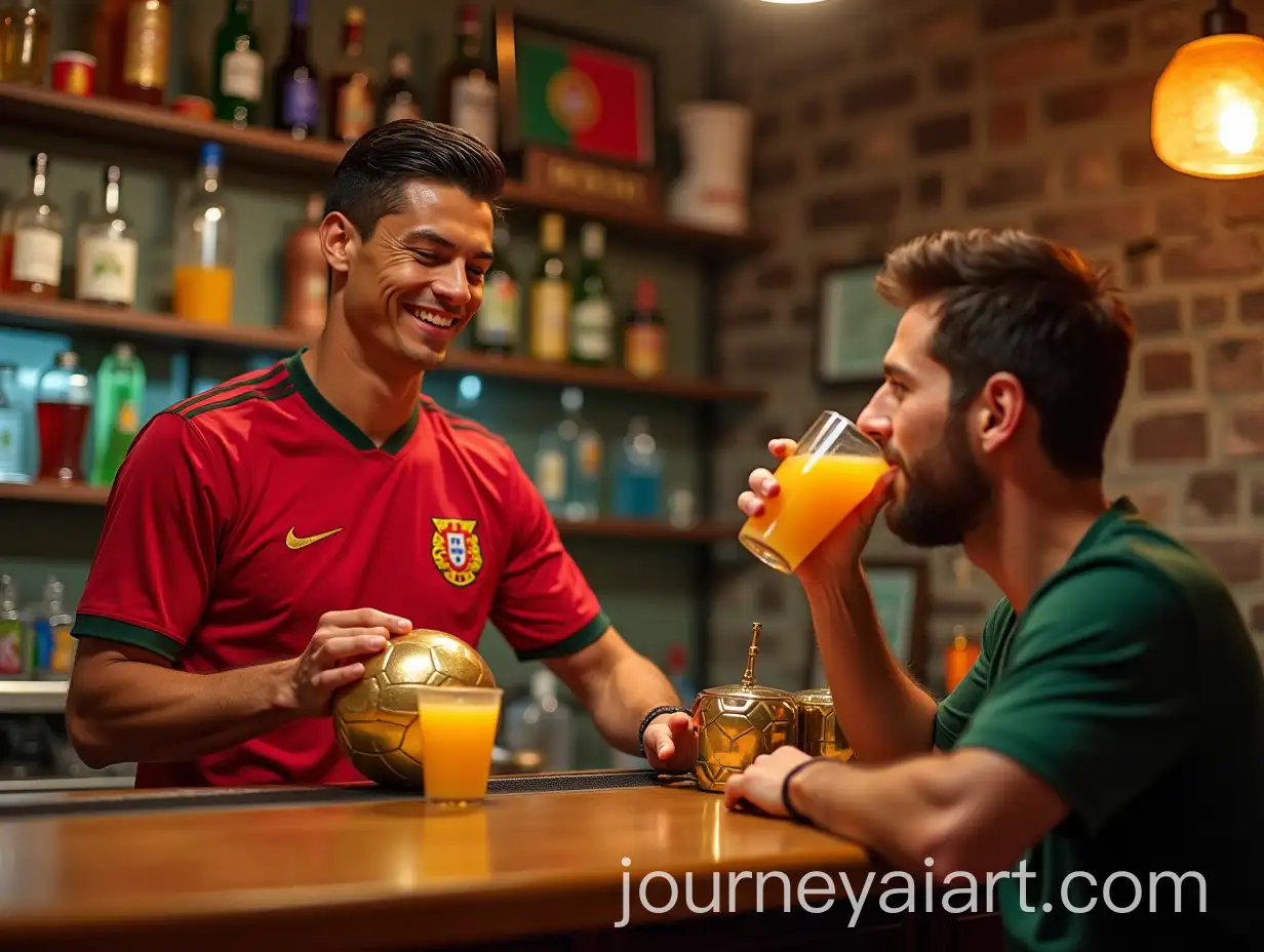 Cristiano-Ronaldo-as-Bartender-with-Lionel-Messi-at-a-Bar-with-Golden-Ball-and-Portuguese-Flag