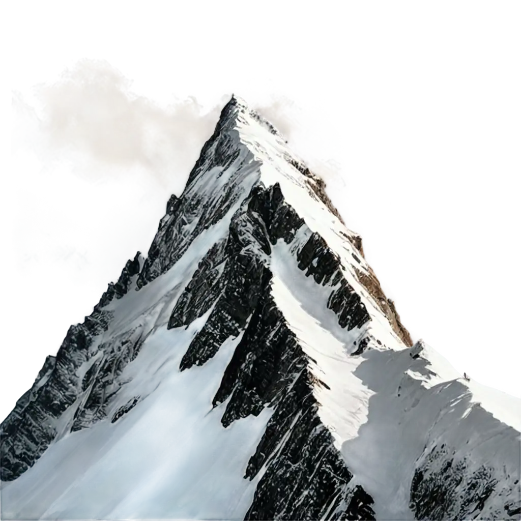 A mountain peak is covered with eternal snow. Around this mountain's summit, slightly lower, there are white-gray clouds. A group of climbers are ascending this mountain's peak. At the bottom it says: Are you afraid?