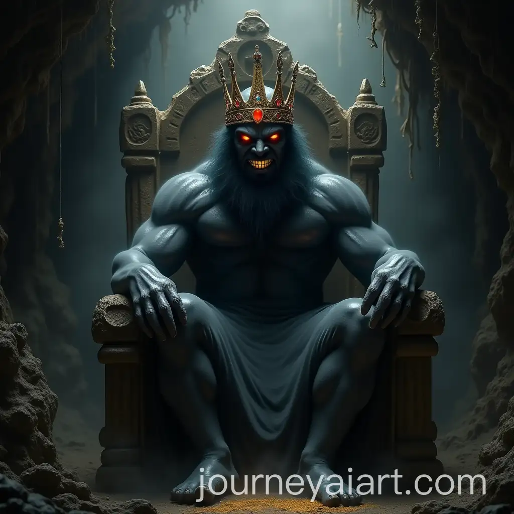 Shadowy-Demonic-Trickster-King-on-Stone-Throne-in-Glowing-Cave