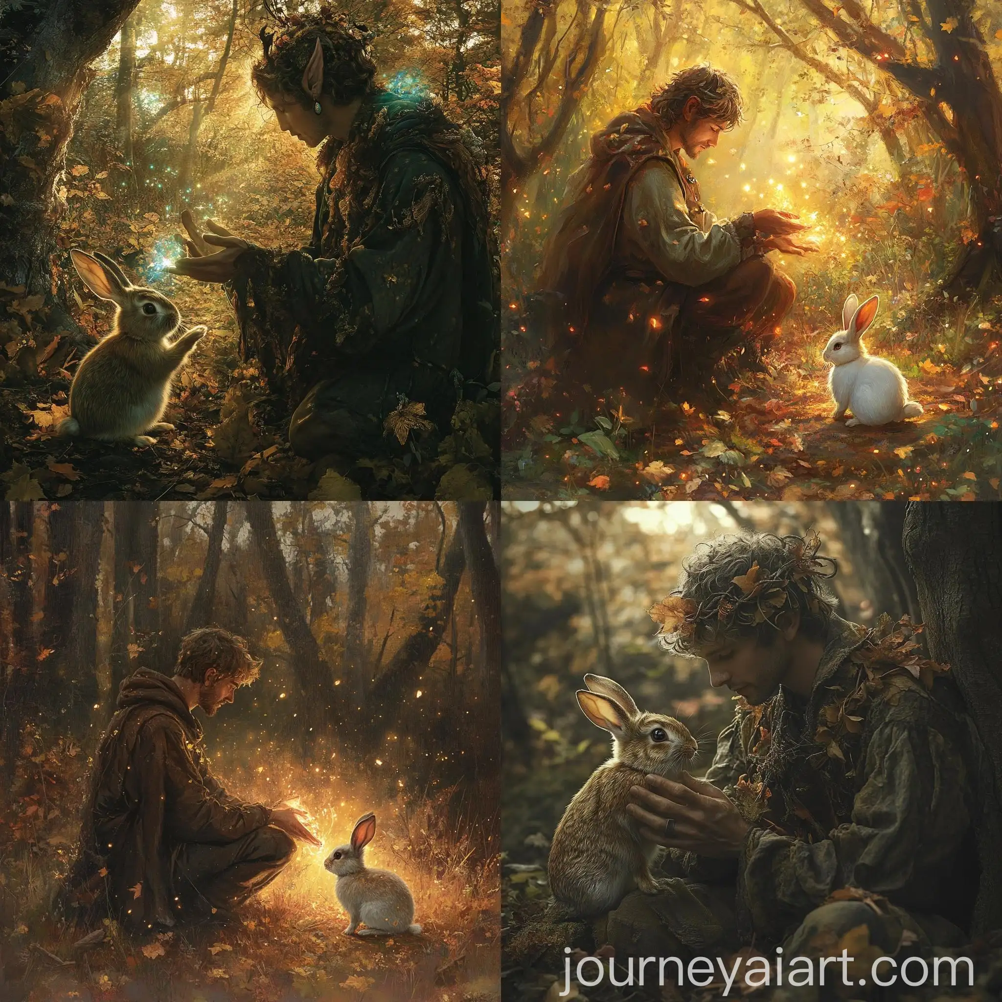 Male-Healer-and-Pixie-in-Autumn-Woods-Healing-Rabbit