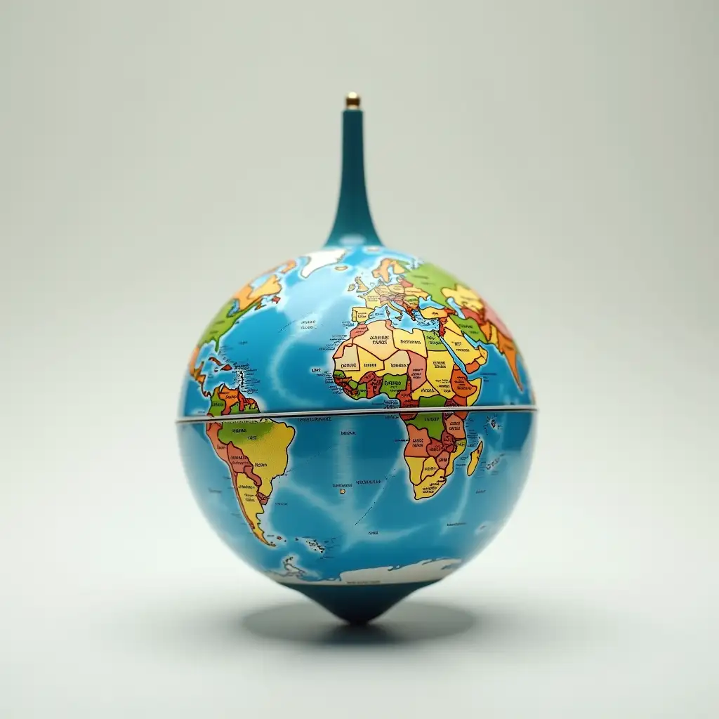 A highly realistic trompo (spinning top) seamlessly transformed into a globe. The spherical body of the trompo is wrapped with a detailed world map, featuring accurate continents, oceans, and borders, perfectly following its curvature. The pointed tip and string remain unchanged, ensuring the toy retains its classic functionality while appearing as a miniature spinning Earth. The fusion is flawless, making it look as if the world itself is a playful object in motion. The background is clean and neutral, highlighting the surreal yet dynamic transformation.