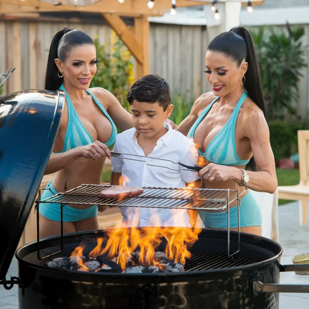 Summer Backyard. Two very beautiful Evil mature smiling latina females with deep necklines and hair slicked back into a ponytail grills a boy on a large grill, big hot flame, hot coals, cinematic, photo , 4k