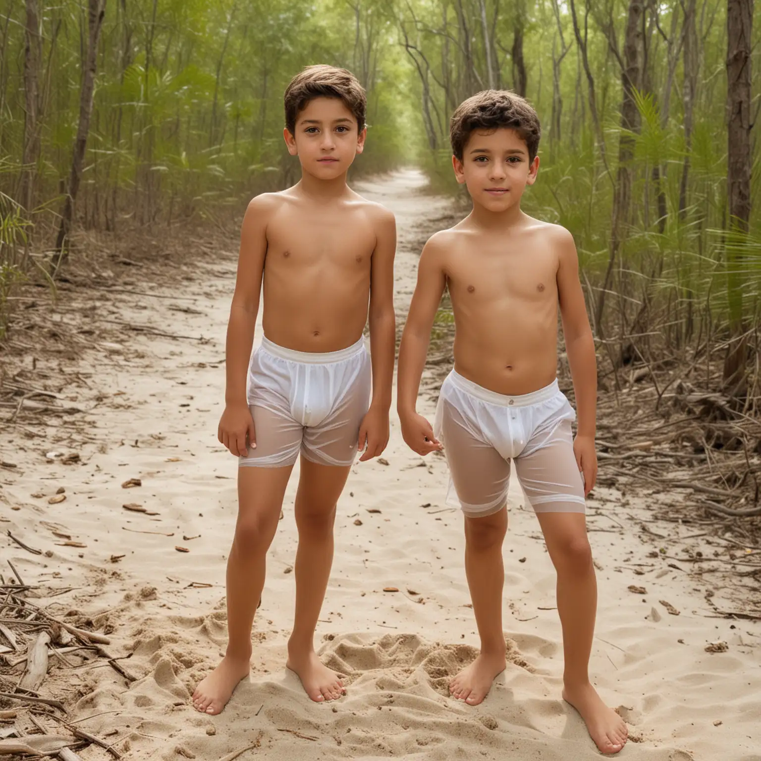 Two-Boys-in-the-Forest-with-Expressive-Eyes-and-Casual-Summer-Clothing