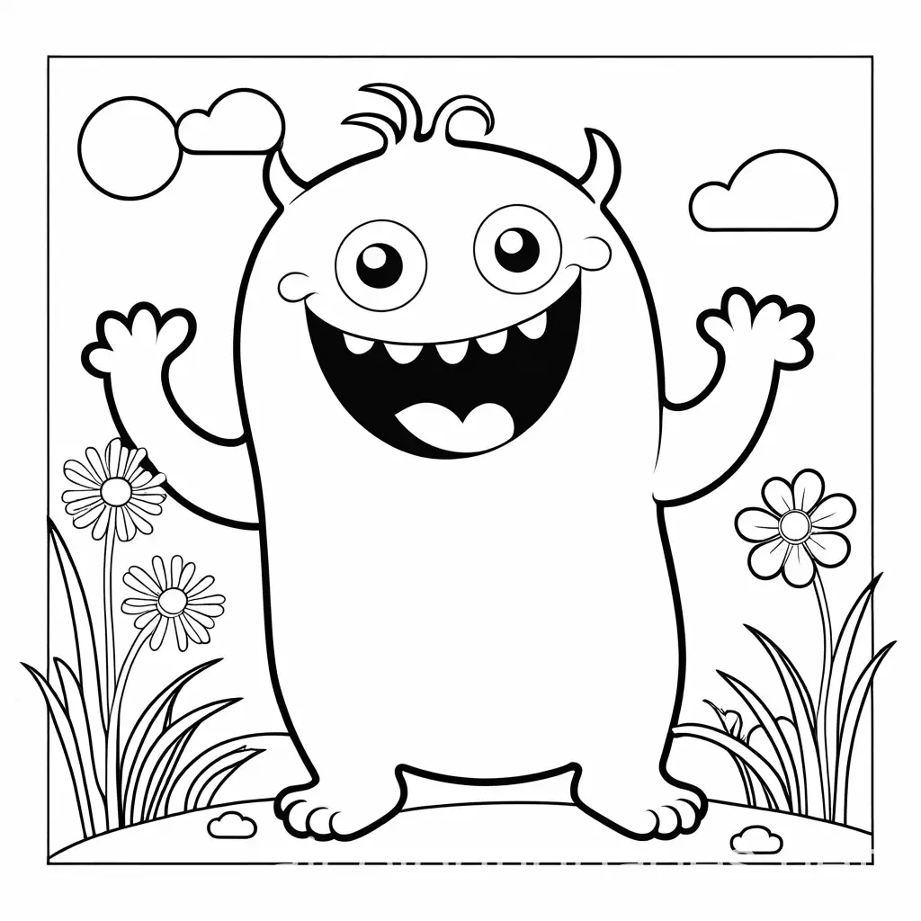 Children's coloring book. Make sure it is black and white, simple, has clear outlines, and has plenty of space for coloring. Avoid shading; the image should be a pure black and white line art, the image shows a smiling monster, Coloring Page, black and white, line art, white background, Simplicity, Ample White Space. The background of the coloring page is plain white to make it easy for young children to color within the lines. The outlines of all the subjects are easy to distinguish, making it simple for kids to color without too much difficulty