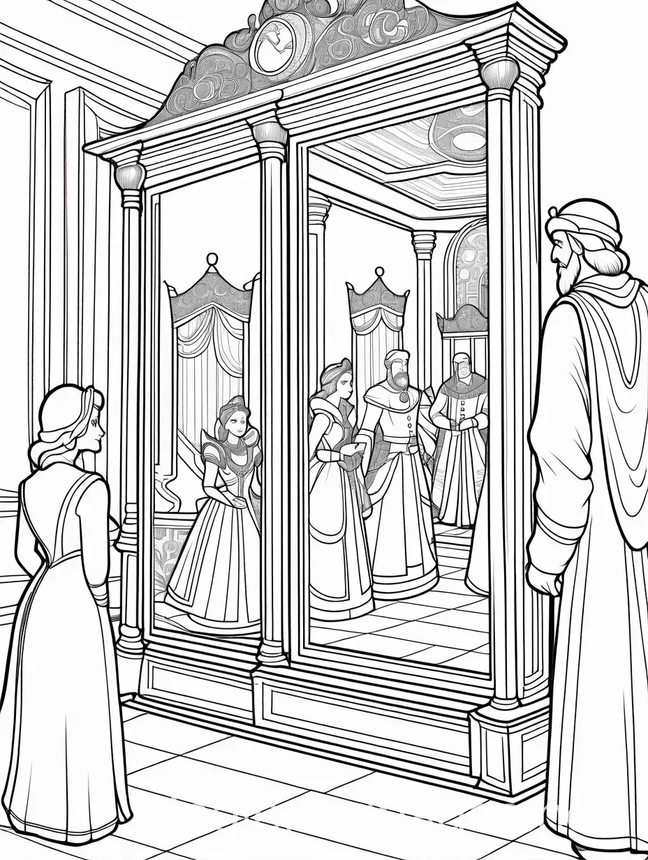 Princess-King-and-Wizard-Analyzing-Mirrors-Coloring-Page