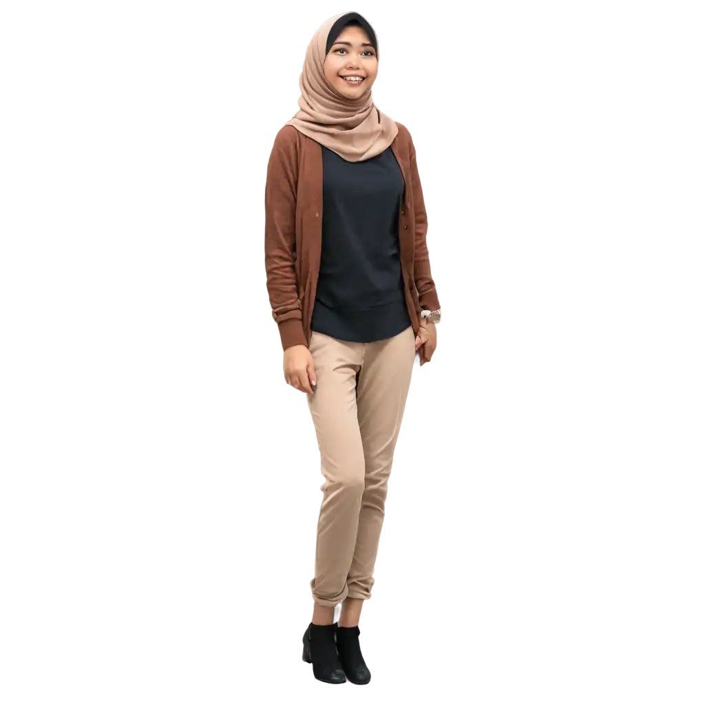 PNG-Image-of-Indonesian-Woman-in-Brown-Cardigan-Black-Pants-and-Hijab-HighQuality-Visual-Asset-for-Diverse-Use